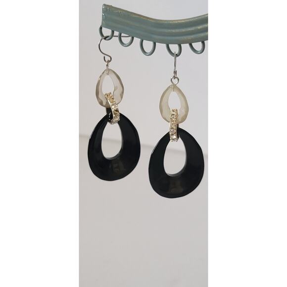 Vintage 1980s Black and White Dangle Earrings with Rhinestone Accents - Picture 10 of 14